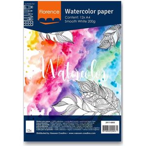 Aquarelpapier - Intense White - A4 - 200 grams - Gladde Structuur - Smooth - Florence - 12 vellen