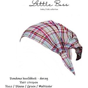 Little Boss - Bandana hoofddoek – Durag – Doo Rag - kind / baby 0-3 jaar – 2 stuks – (ruit) strepen nr. 15 + nr. 14 – roze blauw meerkleurig / beige rood zwart - polyester nylon – casual feest festival