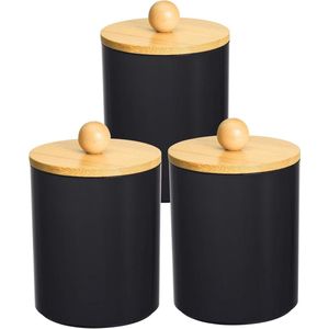 Wattenschijfdispensers met bamboedeksel - Set van 3 - Acryl opslag - Multifunctionele wattenstaafjeshouder - Zwarte badkamerorganizer voor wattenballen, wattenpads en wattenstaafjes