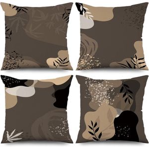 Selbro®, Kussensloop, 40 x 40 cm, set van 4, bruin, modern, abstract, bohostijl, bladeren, bank, sierkussen, wasbaar, polyester, vlas, textiel, outdoor, bekleding