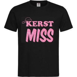 T-shirt Unisex Volwassenen Vrouw Grappig Tekst ""Kerst miss"" Op Voorkant | korte mouw | Zwart/Roze GLITTER | maat XL