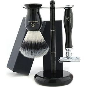 Scheerset voor heren en dames - 3-delige scheerset met scheerkwast, veiligheidsscheermes en standaard - zwart