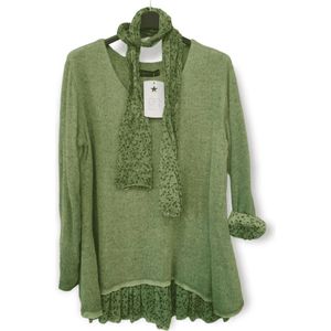 Prachtige warme wollen top - trui voor dames gevoerd en sjaal kleur GROEN - maat 40/42