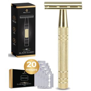 Wellshave Safety Razor Goud - RVS + 20 Scheermesjes - Vrouwen & Mannen - Scheermes - Veiligheidsscheermes - Double Edge - Single Blade