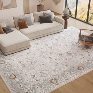 TAPISO Trend Tapijt Kortpolig - Vintage Tapijt Hoge Kwaliteit - Elegant Woonkamer Tapijt in Beige Crème met Bruin Grijs - Bloemenpatroon - Easy Care Tapijt - OEKO-TEX 120x170