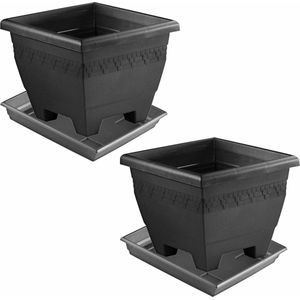 2x stuks antraciet grijze plantenbakken/bloembakken met onderschaal/water opvang bord - formaat 40 x 40 x 31.5 cm