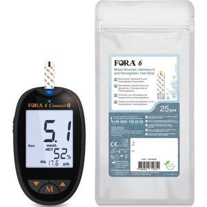 Fora 6 Connect - 6-in-1 - 3-1 bloedglucose, hematocriet en hemoglobine startpakket (glucose, cholesterol, urinezuur, ketonen, hematocriet & hemoglobine), incl. 10 Fora 6 3-1 bloedglucose, hematocriet en hemoglobine zelftest teststrips