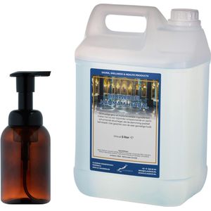 Zeepdispenser 300 ml amber bruin hervulbaar + 5 liter Showergel Hammam Herbal navulling