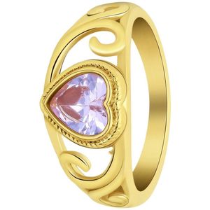 Lucardi Dames vintage ring met hart paars – Maat 50 – 16mm - Ring - Cadeau - Moederdag - Staal goldplated - Goudkleurig