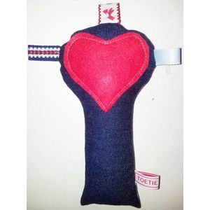 Toetie & Zo Handgemaakte Rammelaar Jeans - Knuffel -  Blauw- Rood - Wit - Speelgoed - Baby - Kind