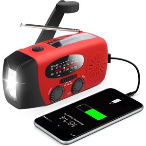 Emergency Noodradio - Met Handoplaad, Zonne-energie en USB - Functie als Powerbank en Zaklamp - Betrouwbaar bij Stroomstoring - Voor Thuis en Outdoor - 2000mAh - rood-1 stuk