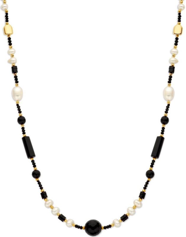 Collier - Zilver Verguld - Geel - Parel en Onyx - 48 cm + 3 cm