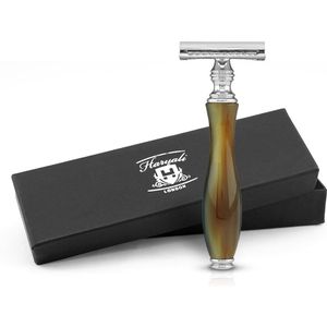 Haryali London Classic Double Edge (DE) veiligheidsscheermes verchroomd met gesloten kam voor heren en dames, Inclusief 5 Mesjes (Bruine Hoorn)
