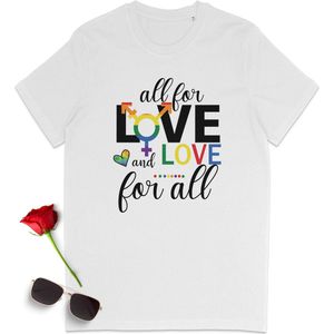 Gay Pride t shirt - Pride tshirt - All for Love - Dames tshirt met print - Heren t shirt met Pride opdruk - Unisex Pride Shirt - Unisex maten: S M L XL XXL XXXL - tshirt kleuren: Wit,  geel, oranje en rood.