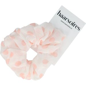Haarsoires Haarelastiek Scrunchie – Stippenprint – Dunne Stof – Wit Roze - Haarkrinkel - Haar Elastiek met Stof - Zacht & Haarvriendelijk