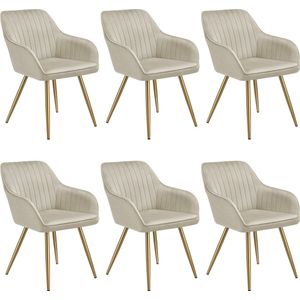 tectake® 6 x Fluwelen Stoel – set van 6 Eetkamerstoelen Met Gewatteerde Fluwelen Stof, Moderne Keukenstoelen, Comfortabele Fauteuil Voor Woonkamer, Eetkamer, Lounge – creme / goud