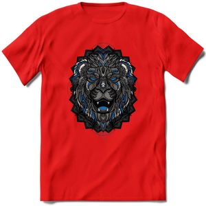 Leeuw - Dieren Mandala T-Shirt | Blauw | Grappig Verjaardag Zentangle Dierenkop Cadeau Shirt | Dames - Heren - Unisex | Wildlife Tshirt Kleding Kado | - Rood - L