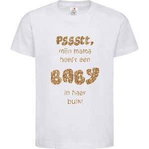 Shirt Aankondiging zwangerschap Pssstt, Mama heeft een baby in haar buik! | korte mouw | wit/Goud GLITTER | maat 134/140 zwangerschap aankondiging bekendmaking Baby big sis bro sister brother Grote Zus Broer