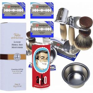 Guardian Beauty Scheerset (9 Delig) Zilver | Scheermesjes | Scheerkwast Met Houder | Scheerkom | Cadeau voor hem | Complete scheer set van Hout & Metaal
