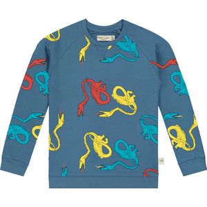 Smitten Organic 'Dragons in Camping' All Over Print Pullover Long Sleeve in Vivid Denim kleur