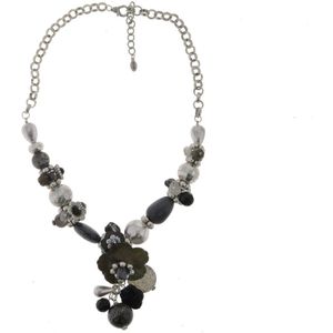 Behave Ketting - dames - zilver kleur - zwart - decoratieve kralen - bloemen - natuursteen - 63 cm