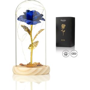 Luxe Roos in Glas met LED – Gouden Roos in Glazen Stolp – Moederdag - Cadeau voor vriendin moeder haar - Blauw met Blaadjes - Lichte Voet – Qwality