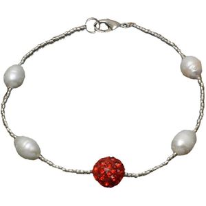 Zoetwater parel armband Pearl Stras Ball Red - echte parels - wit - rood - stras steentjes - glitter