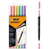 BIC Intensity Dual Tip Marker Pastel - Kleurstift met 2 verschillende punten - 6 stuks - Pastelkleur - Viltstit met penseelpunt en fijne punt (0.7 mm)
