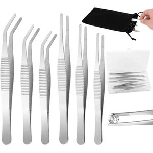 Pincetten set met 6 stuks roestvrij stalen pincetten, platte kop, gebogen - ideaal voor waterhuisdieren, knutselen en plantenscheuten repareren