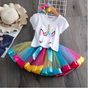 Gekleurde meisje tutu rok - tule meisjes rok en  eenhoorn t-shirt - Happy kleuren meisjes rok - maat 128/134 L - meisjes rok 8 - 9 jaar