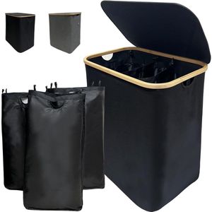 Opvouwbare wasmand met afneembare waszak - 160 liter - opbergmanden - bamboe wassorteerder - waterdichte Oxford-doek - zwart wassorteerder