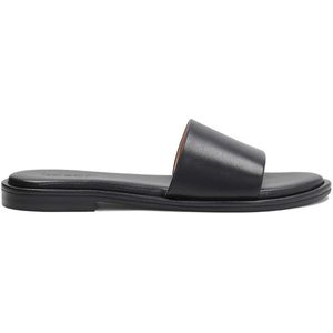 Black leather slides on a flat sole