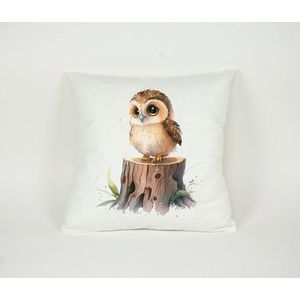 Kussen - Baby Uiltje op boomstronk Aquarel - Dieren Kussen / Sierkussen - 45x45cm - Incl. vulling - PillowCity