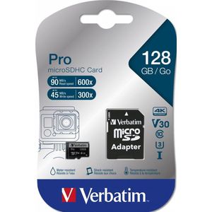 Verbatim MICRO SDXC CARD PRO UHS-3 128GB CLASS 10 INCL ADAPTOR microSDXC-kaart 128 GB UHS-Class 3 Schokbestendig, Water