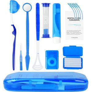 Dental Care Set Portable 9 Teeth Cleaning Kit - Orthodontic Oral Care Travel Set Mouth Mirror Tongue Scraper Tartar Remover V Brush Interdental Brush - Blue