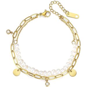 Armband dubbel met bedels en parels combinatie- Zazi Pearls goud verguld - Goudkleurige Armbanden Sophie Siero in geschenkverpakking