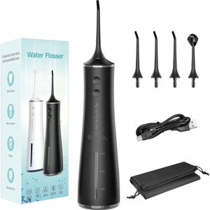 PureVolt Waterflosser - Tandenflosser - Monddouche - Zwart - 4 Standen - 300ml Water Reservoir - 4 Opzetstukjes - Waterflosser Draadloos - Flosapparaat - Tongschraper - Mondverzorging - Tongreiniger