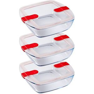 Cook & Heat Vierkante Schaal Met Magnetronbestendige Deksel - Set van 3 Stuks - Glas - Pyrex