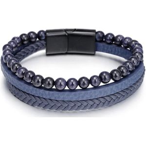 Armband Heren - Blauw Leer met Blauwe Kralen - Leren Armbanden - Kralenarmband - Cadeau voor Man - Mannen Cadeautjes