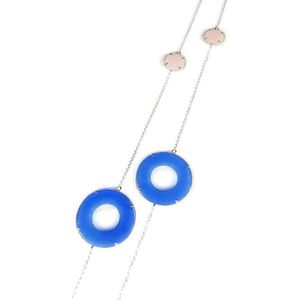 Zilveren halsketting halssnoer collier Model Modern Mix gezet met blauwe en roze stenen