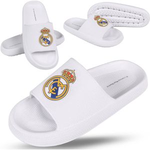 Real Madrid Witte teenslippers van SCHUIMRUBBEREN SLIPPERS voor het zwembad, DIKKE ZOOL, LICHTGEWICHT voor volwassenen