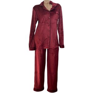 Dames Velours Pyjama - Donkerrood - Luxe & Comfort - Doorknoop en Kraag
