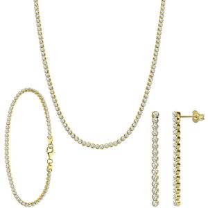 Lucardi Dames Zilveren goldplated set ketting, armband en oorknoppen zirkonia - Cadeau Set - 925 Zilver - Goudkleurig