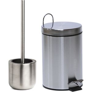Badkamer accessoires set - WC borstel en pedaalemmer - zilver - RVS - matte afwerking