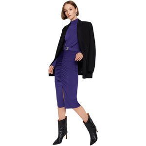 Trendyol Zwart Aansluitende, Gedrapeerde, Gedrapeerde Kokerjurk Met Hoge Kraag, Flexibele Gebreide Kokerjurk Twoaw22El0434