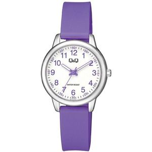 Q&Q QC15J324Y - Horloge - Analoog - Kinderen - Unisex - Plastic band - Rond - Cijfers - Metaal - Paars - Zilverkleurig - Wit - 3 ATM