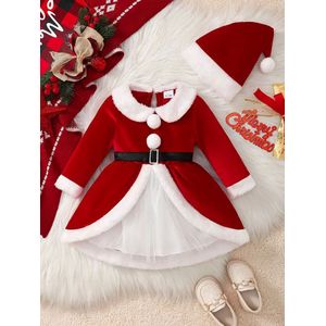 Kerstjurkje Meisje – Rood Met Witte Bontdetails & Tule Rok – Baby & Kinder Feestjurk – Perfecte Kerst Outfit- 18-24mnd