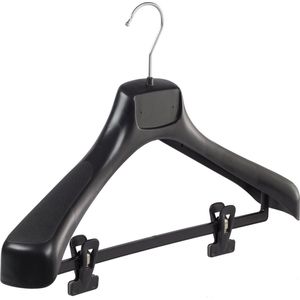 De Kledinghanger Gigant - Mantelhanger - Kostuumhanger - Jassenhanger - Volwassenen - ETR43 - 10 Stuks - Kunststof - Zwart - Gebogen Model - Schouderverbreding 7,4 cm - Anti-slip Knijpers - 43 cm - Kledinghanger - Kleerhanger - ETR-Serie