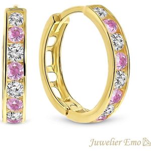 Juwelier Emo - 14 Karaat Gouden Kinderoorbellen meisje met Roze Zirkonia stenen - KIDS - 15 mm