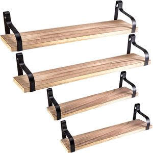 Nature Supplies Zwevende Planken Set van 4 - Massief Natuurlijk Hout en Staal - Rustieke Stijl - Zichtbare Nerven - Licht en Robuust - Groot en Medium